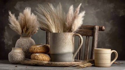 Rustic Still Life with Bread and Pampas Grass in Ceramic Vases and Mugs on Wooden Tray and Chair