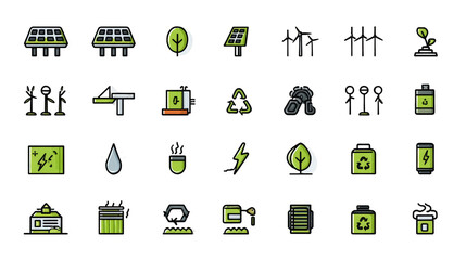 A collection of green energy and environmental icons arranged on a black background in a grid pattern