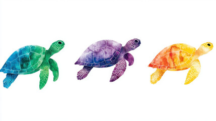 Obraz premium Colorful turtles swimming in vibrant watercolor style, showcasing shades of green, purple, and yellow, evoke serene atmosphere