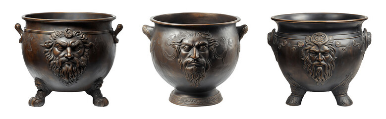 Set of various iron cauldron with a relief of the face of a Welsh mythological god isolated on transparent background