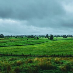 Fototapeta premium Verdant pastures under a moody sky scenic landscape photography of rolling green fields and grazing cattle in a rural countryside setting