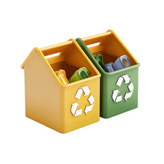 Two brightly colored, plastic recycling bins shaped like houses, ideal for separating household waste.