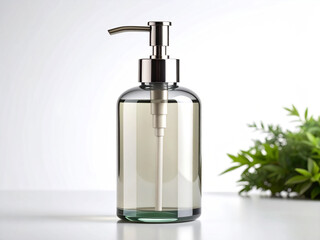Fototapeta premium Minimalist Mockup of a Refillable Glass Hand Soap Dispenser with Metal Pump, Isolated