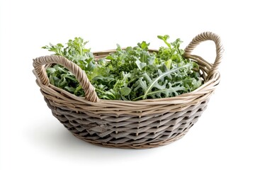 Fototapeta premium Fresh greens in a woven basket on a white background.