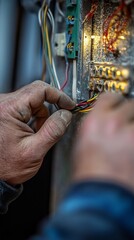Close-up image shows two hands working on electrical panel with screwdriver, organized wires, and dirty hands. Focused effort.