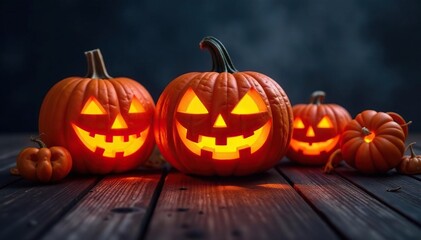 Spooky carved pumpkins glowing on a dark wooden background, perfect for Halloween , shadows, october