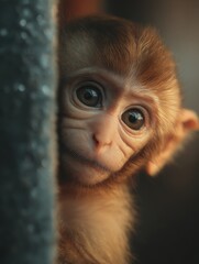Close-up Portrait of Baby Monkey Peeking Out from Behind a Tree Trunk with Curious Expression and Soft Lighting