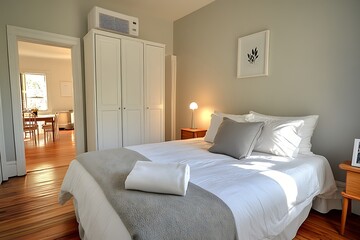 Sunny Bedroom with White Bedding, Wardrobe, Hardwood Floor, Interior Home Decor