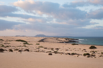 Beautiful landscape of Fuerteventura with sandy dunes and ocean view