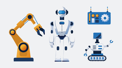 Illustration of a yellow robotic arm, a white humanoid robot, and two other robots on a white background