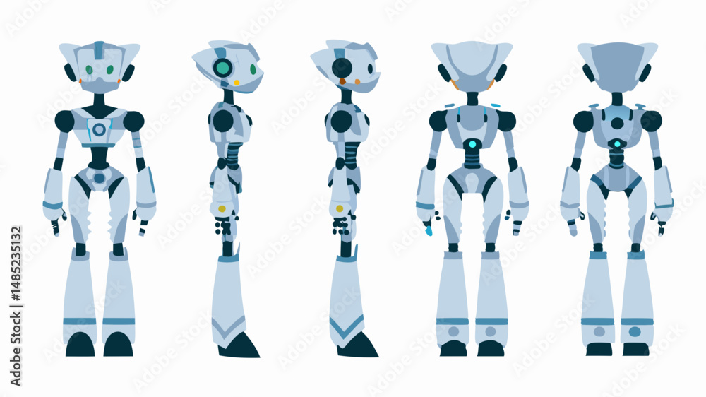 Poster illustration of a robot character in multiple views including front side and back on a white backgro