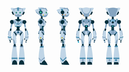 Illustration of a robot character in multiple views including front side and back on a white background