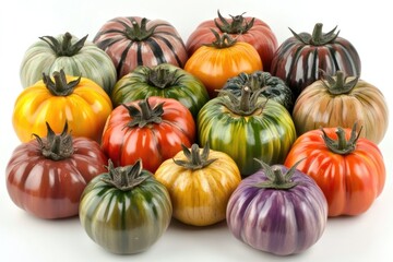 Obraz premium Colorful heirloom tomatoes arranged in a cluster.