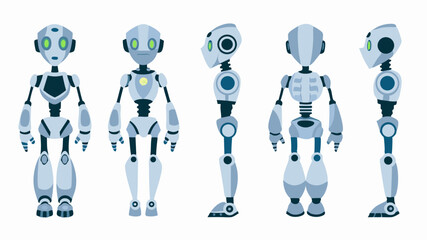 Illustration of a light blue robot in multiple poses including front side and back views on a white background