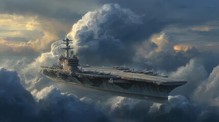 Fototapeta na wymiar A majestic aircraft carrier sailing through dramatic clouds at sunset, symbolizing power and innovation