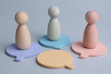 Wooden Peg Dolls on Pastel Speech Bubbles Communicating Ideas and Teamwork