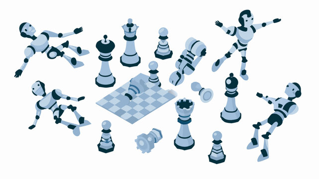 Isometric view of chess pieces and robot figures scattered on a white background in light blue tones
