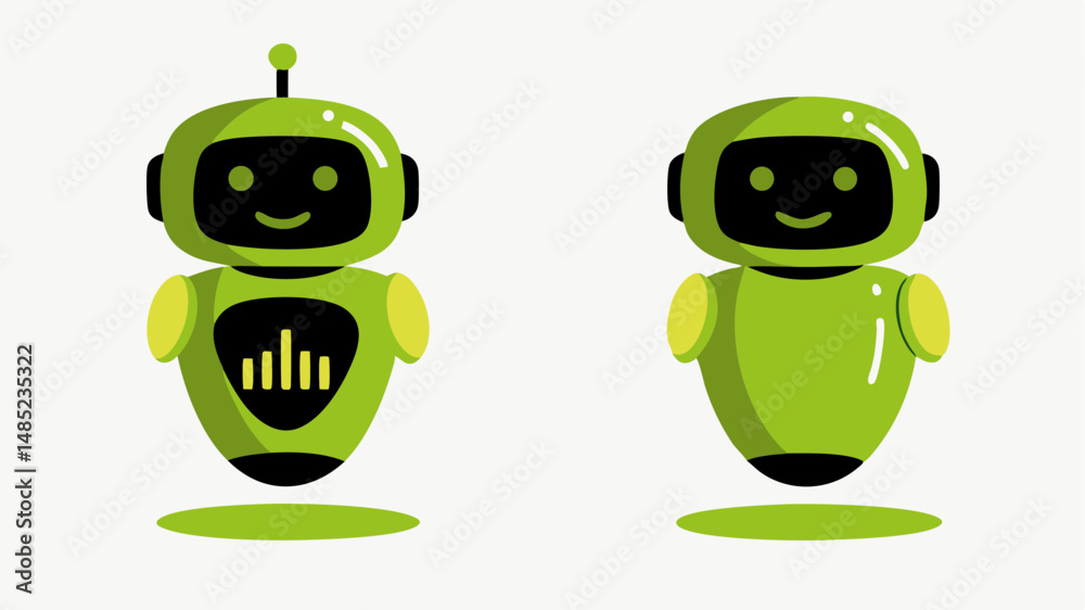 Poster two green robots with smiling faces and rounded bodies floating above matching green shadows on whit