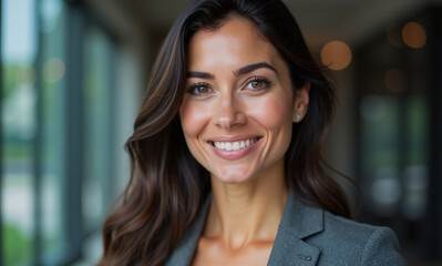 Portrait of a confident middle-aged businesswoman in a modern office setting, smiling warmly at the camera