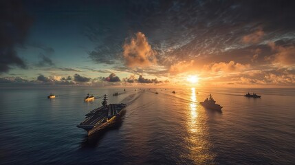 Naval fleet maneuvering at sunset over calm waters, with dramatic clouds reflecting sunlight