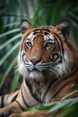 Sumatran Tiger Portrait in Lush Greenery Close Up Captivating Gaze Wildlife Conservation Endangered Species Nature Photography
