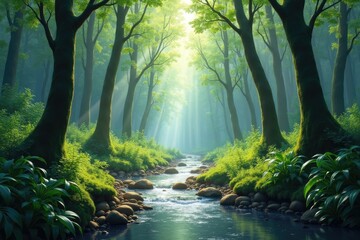 Obraz premium Forest Stream with Sunlight and Tall Green Trees