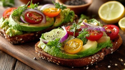 Avocado food guacamole vegan Fresh avocado toast topped with colorful vegetables and herbs.