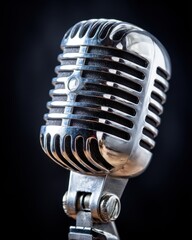 Studio shot of a classic vintage microphone on a dark background close up for podcasting or singing music performance