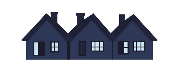 Fototapeta premium Three Dark Blue Houses with Windows and Chimneys on a Clean White Background