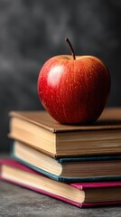 Red apple resting on stack of books still life shot education concept close up view knowledge and learning
