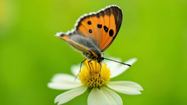 Butterfly collects nectar from a flower, close up. Creative. Beautiful butterfly on a flower yellow bud and white petals on green summer field background.