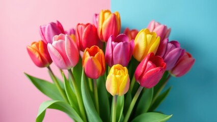 Fototapeta premium A vibrant bouquet of multicolored tulips, showcasing a spectrum of pink, red, orange, and yellow blossoms, arranged against a soft pastel background.