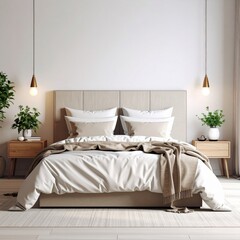 Front view of double bed with headboard and blanket
