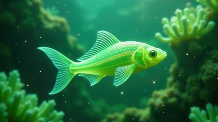 Fototapeta premium An Emerald Fish Swims Gracefully Amidst Vibrant Underwater Flora, Illuminated by Sparkling Particles