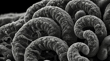 SEM image of Leptospira bacteria showcasing its distinctive spiral morphology and complex surface structure, highlighting features of this pathogenic spirochete.