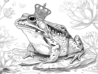 Naklejka premium Detailed black and white illustration of a frog wearing a crown.