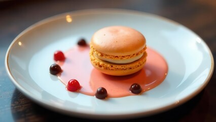 A delicate peach macaron rests on a pastel plate, adorned with a vibrant pink sauce and assorted berry and chocolate accents.