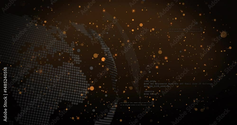  stylized dot-matrix globe fragment rotating in data interface, glowing particles and code overlays
