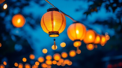 Obraz premium Festive Orange Lanterns Glow in Twilight Evening Lighting Up Garden Party Illuminating Tranquil Ambience Celebrating Asian Culture and Festive Occasion Outdoors