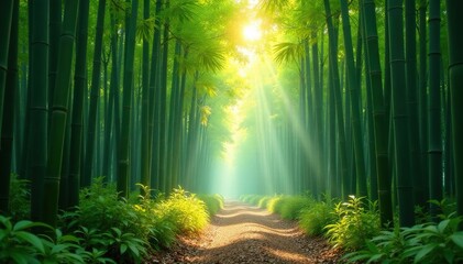 Obraz premium Serene bamboo forest bathed in morning sunlight Tranquil, peaceful scene , wilderness, growth, rays