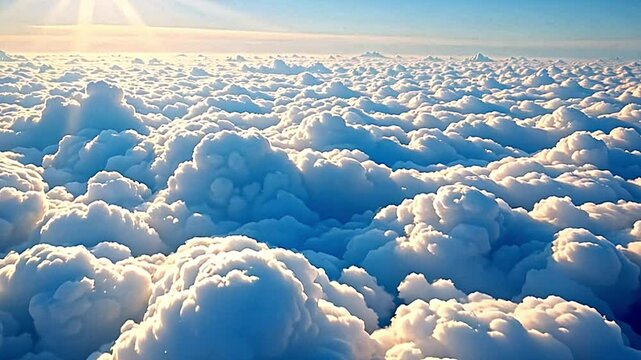 breathtaking view of sky filled fluffy white clouds. sun shining brightly top left corner casting warm glow entire scene. clouds appear soft inviting creating serene peaceful atmosphere....