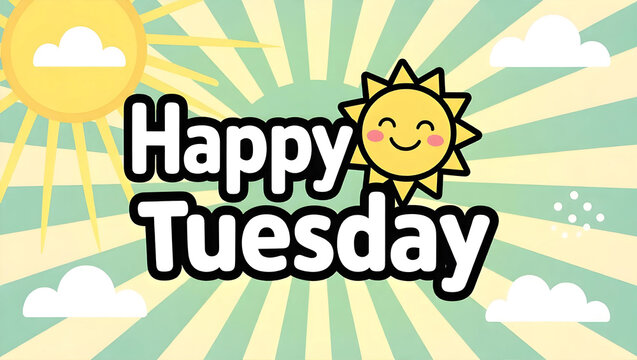 Happy Tuesday Greeting with Sun and Clouds