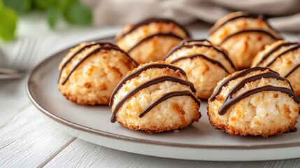 Gluten-free coconut macaroons with chocolate drizzle, small sweet bites, elegant dessert composition