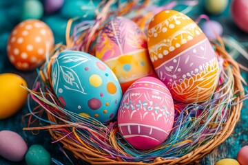 Naklejka premium Colorful Easter Eggs in a Nest on Blue Background - Spring Holiday Celebration, Festive Decoration, Easter Theme.