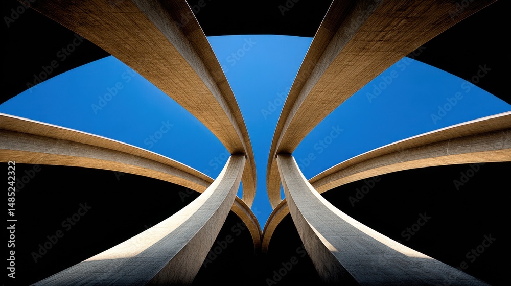 Poster concrete overpass intersecting arches view from below against clear blue sky in urban landscape