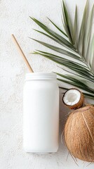 Refreshing Coconut Drink with Palm Leaf on White Background