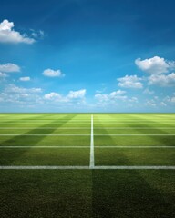 Aerial view of a lush green sports field with white lines under a bright blue sky with fluffy clouds landscape