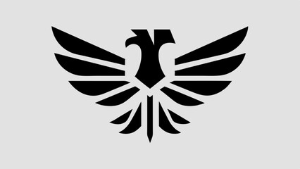 Stylized black eagle with spread wings on a light gray background in a simple flat vector design