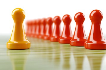 Unique Yellow Game Piece Leads a Row of Red Ones Representing Leadership Strategy and Business Success