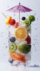 Refreshing Fruit Cocktail with Umbrella and Ice